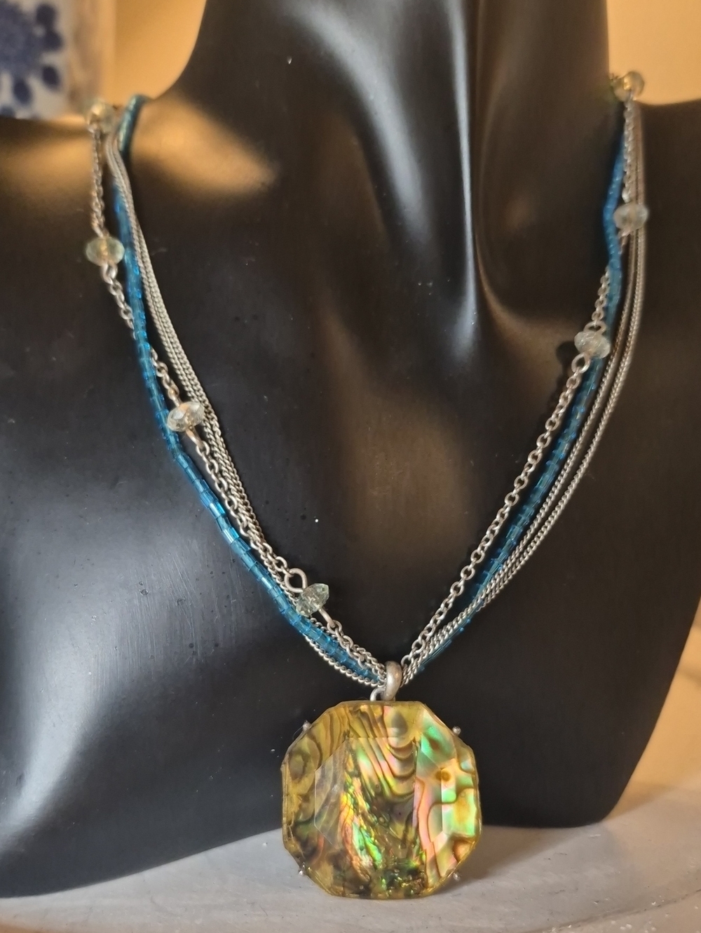 Chico's Vintage Multi Strand Seed Bead Chain Amber Pendant Statement Necklace